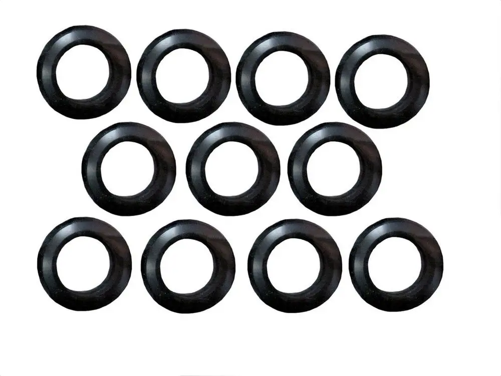 Schwarze Dichtungen in ringförmiger Form, Bosch. Anordnung in zwei Reihen mit jeweils sechs Dichtungen, gleichmäßig platziert.